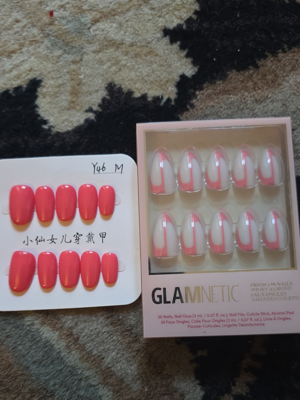 Pink Press-On Nails Set - Coral Pink & Clear Almond Tips Size Med
